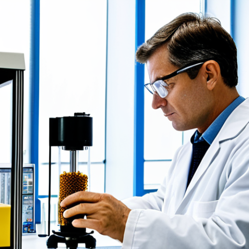 A professional male civil engineer, fully clothed in a lab coat and safety glasses, meticulously examining a sample of a new biocomposite material. The setting is a modern, brightly lit materials testing laboratory, featuring advanced testing equipment such as a hydraulic press and a climate chamber with digital readouts. The background includes shelves filled with various sustainable building material samples like hemp insulation and mycelium bricks. The image should be professional photography, high resolution, with sharp focus, emphasizing scientific rigor and innovation. Perfect anatomy, correct proportions, natural pose, well-formed hands, proper finger count, natural body proportions, professional dress, appropriate attire, safe for work, appropriate content, fully clothed, professional.
