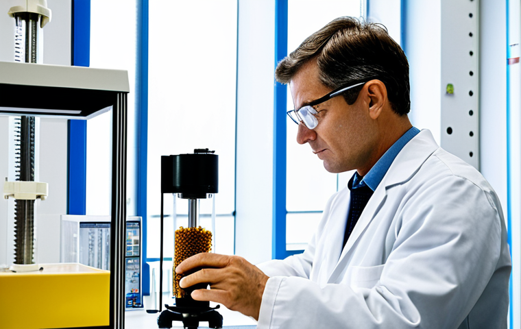 A professional male civil engineer, fully clothed in a lab coat and safety glasses, meticulously examining a sample of a new biocomposite material. The setting is a modern, brightly lit materials testing laboratory, featuring advanced testing equipment such as a hydraulic press and a climate chamber with digital readouts. The background includes shelves filled with various sustainable building material samples like hemp insulation and mycelium bricks. The image should be professional photography, high resolution, with sharp focus, emphasizing scientific rigor and innovation. Perfect anatomy, correct proportions, natural pose, well-formed hands, proper finger count, natural body proportions, professional dress, appropriate attire, safe for work, appropriate content, fully clothed, professional.